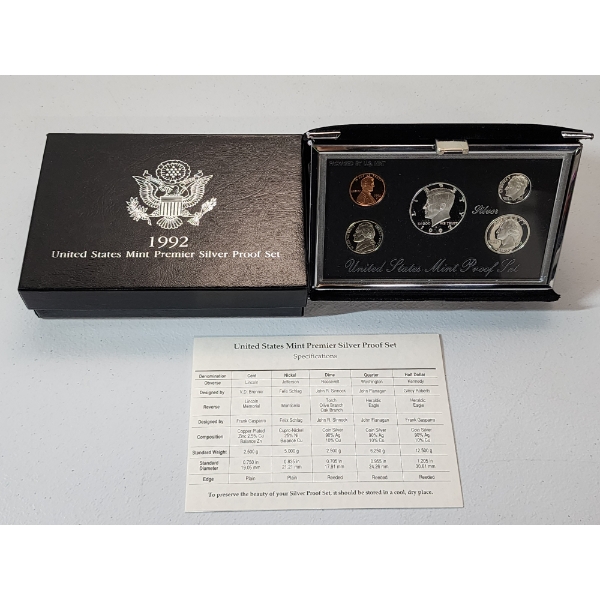 1992 United States Mint Premier Silver Proof Set with Display, Box, & CoA