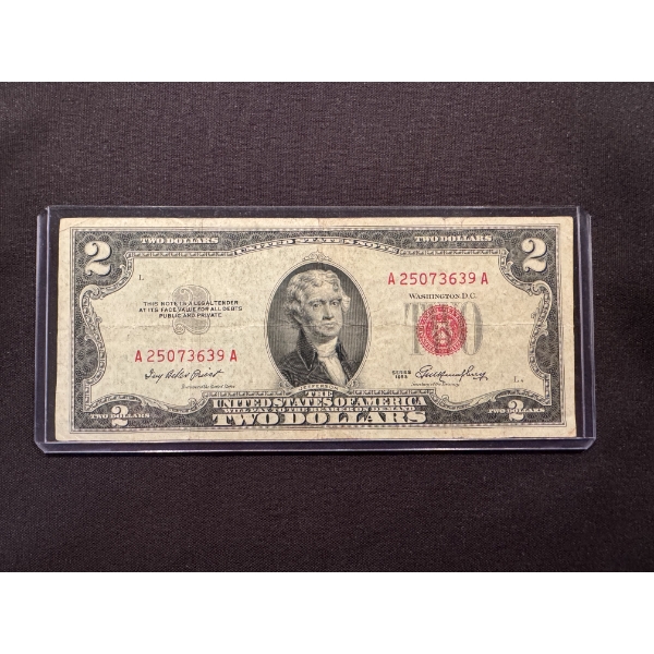 1953 United States Jefferson $2.00 Red Seal Bill In Protective Holder Funny Back - Great Piece