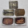 Image 1 : Five Vintage Industrial and Corporate Advertising Brass and Tooled Leather Belt Buckles