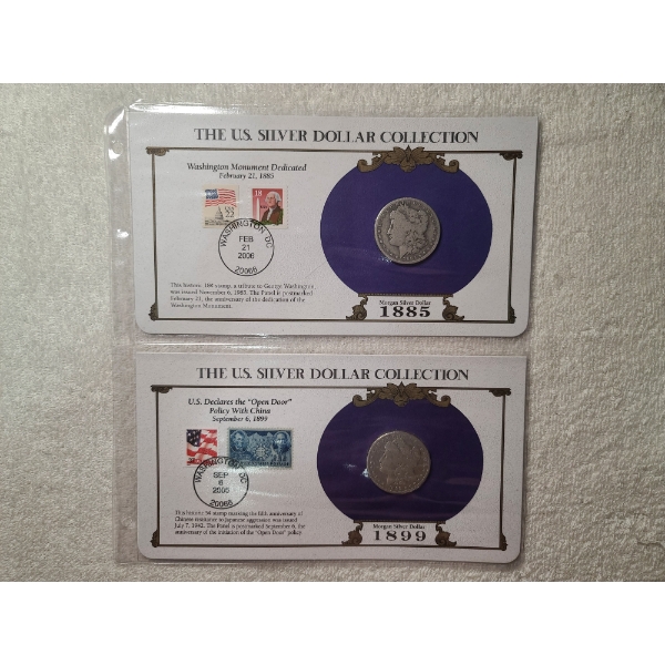 Two U.S. Silver Morgan Dollars in Display Cards & Protective Binder Page - 1885-O & 1899-O