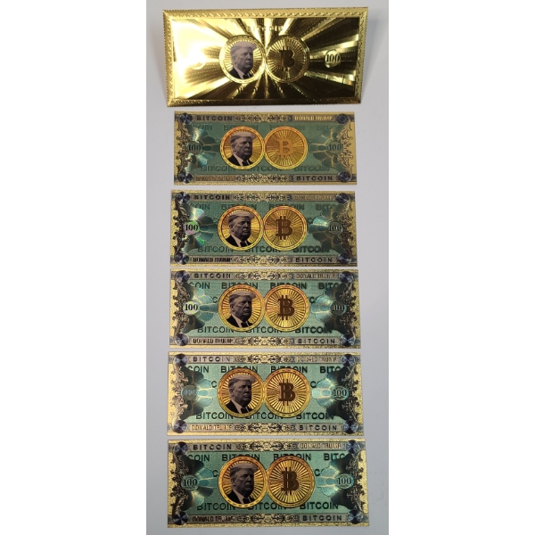 Set Of Novelty 24K Gold Plated Souvenir Bank Notes Featuring Donald Trump & Bitcoin