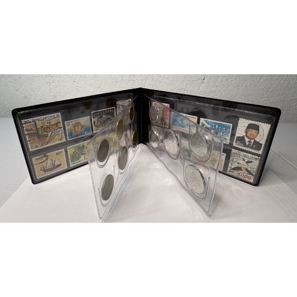 Small Booklet Housing a Collection of Postage Stamps and Coins from Singapore and Indonesia