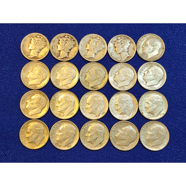 Assorted 90% Silver Roosevelt and Mercury Dimes - Face Value $2.00