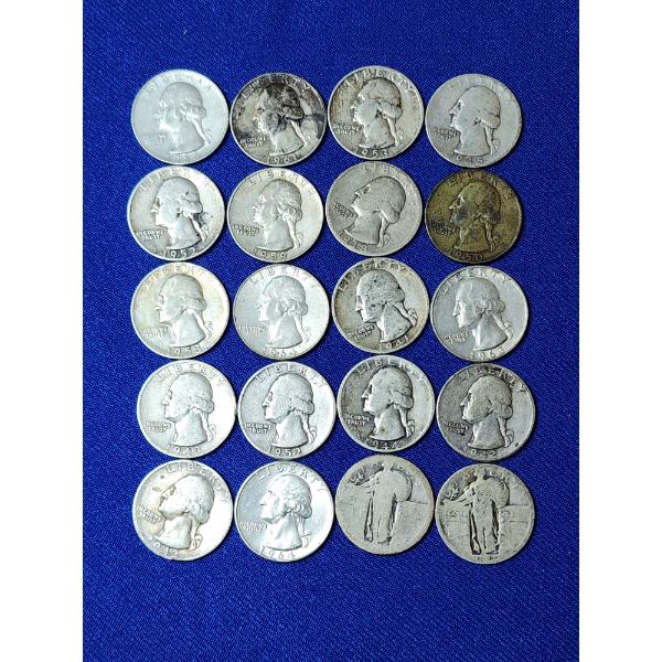 x20 Assorted Years 90% Silver Quarters Including Standing Liberty and Washington FV: $5.00