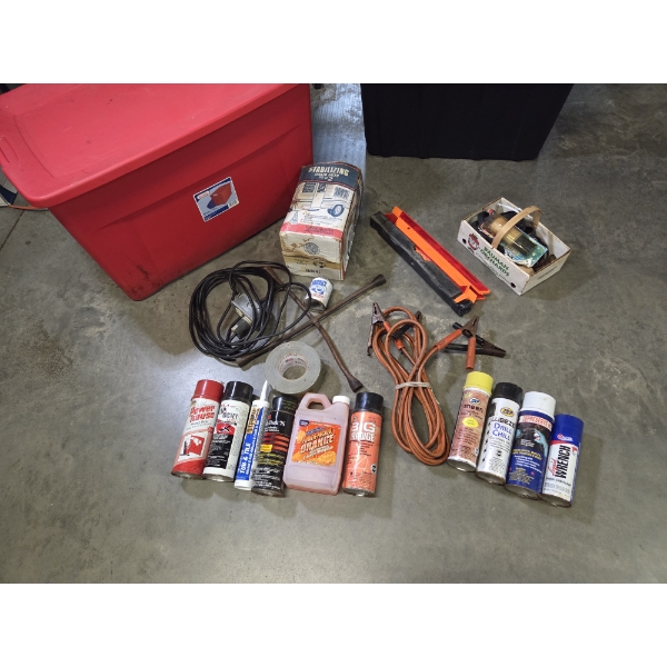 XL Red Storage Container- Including Jumper Cables, 4 Way, Flare, Bungee Straps, Duct Tape, Trailer J