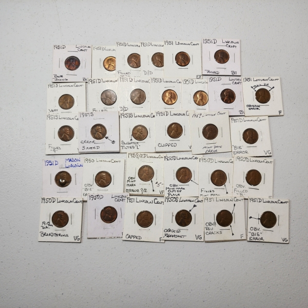 Lot of 33 Assorted Lincoln Wheat Cents - 1950's - Various Conditions & Errors - Face Value: $0.33