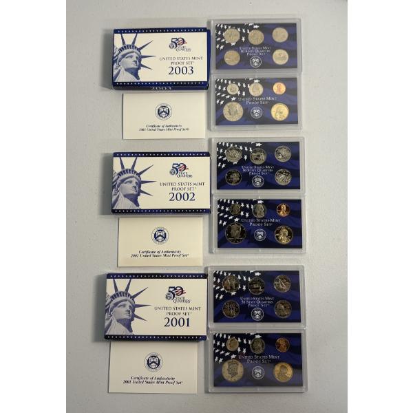 x3 United States Mint Proof Sets: 2001,2002,2003 -in Original Packaging w/COA