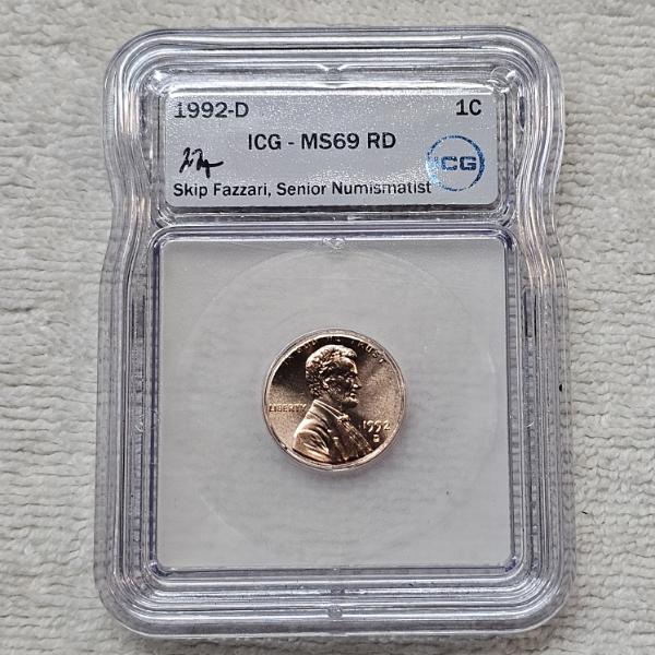 1992-D Lincoln Memorial Cent, certified by ICG as MS69 Red