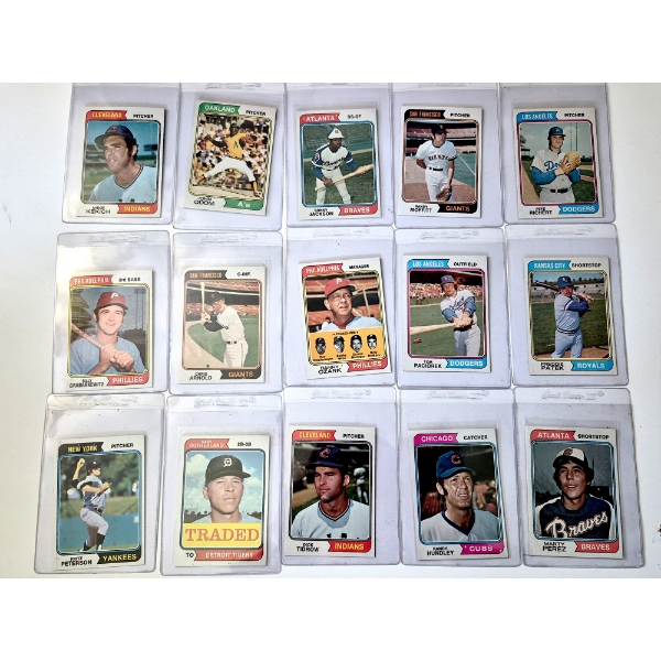 MINT 1974 TOPPS BASEBALL CARDS - 15 ASSORTED SLEEVED CARDS IN NEVER TOUCHED FRESH CONDITION 