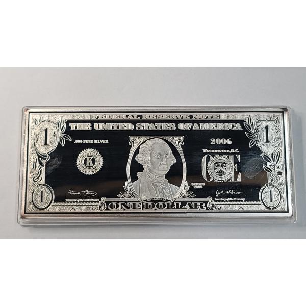 Washington Mint 2006 $1 Note 4 Troy Ounce .999 Fine Silver Bar 