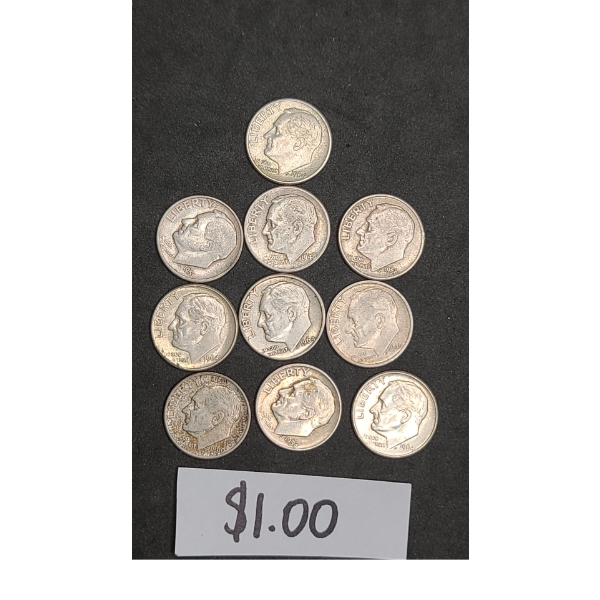 
Assorted Years/Mint Marks 90% Silver Roosevelt Dimes - Face Value: $1.00