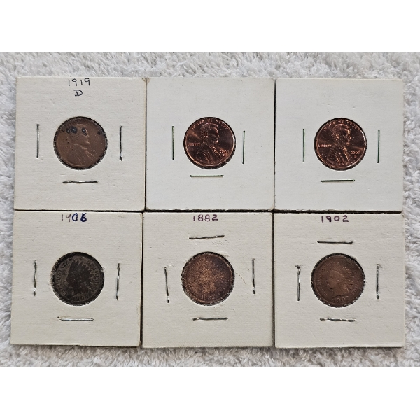6 Assorted United States Pennies ft. 1919-D Lincoln Wheat, Lincoln BC, and Other Wheats - AFV $.06