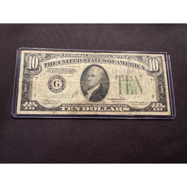 1934 $10 United States of America Bill Ten Dollar Bill - In Protective Holder