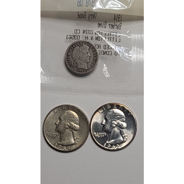 (3) United States 90% Silver Coins - 1914 Barber Dime, 1962 & 1964-D Washington Quarters - FV: $0.60