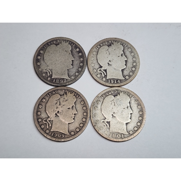 (4) 90% Silver U.S. Barber Quarters - Years 1892, 1909, 1901, 1914 - FV: $1.00