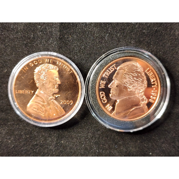 Lot of Two .999 Fine Copper AVDP Ounces in Protective Cases - 2009 Penny & 1938 Nickel Design 