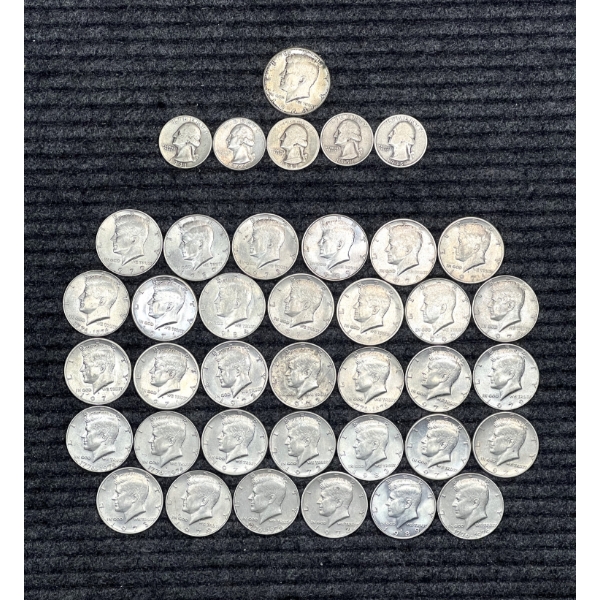 Lot of 6 U.S. 90% Silver Coins and 33 U.S. Coins.  Face Value = $18.25