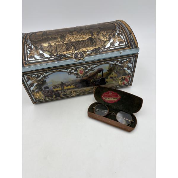 German Bread Box Tin & Antique bi-focals in Case - Drs. Walden & Walden Glasses 