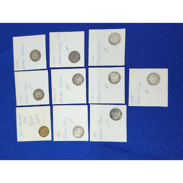 Assorted Coins: x8 90% Silver Barber Dimes & x1 1887 90% Silver Seated Liberty Dime, Mexican Coin