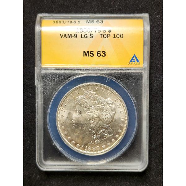 RARE 1880/79-S MORGAN SILVER DOLLAR VAM-9 VARIETY FT. LARGE S MINT MARK - GRADED MS64 BY ANACS