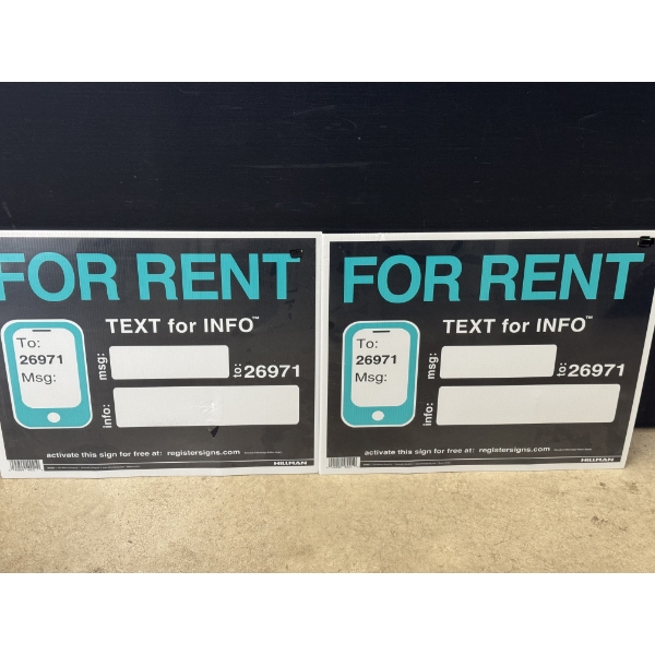 Hillman 2 Pack Of For Rent Signs 23" x 19" - Includes Stakes - Brand New In The Package