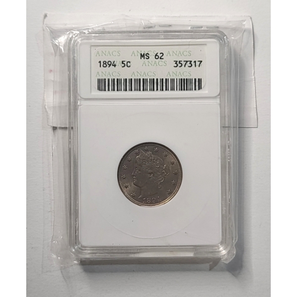 *SEMI KEY DATE* ANACS 1894 MS 62 Liberty "V" Nickel - 3rd Lowest Mintage: 5,410,500
