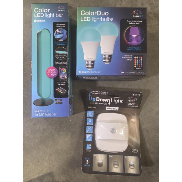 All New- Aura LED Color Changing Remote Light Bar, 2 LED Remote Bulbs & Up Down Light