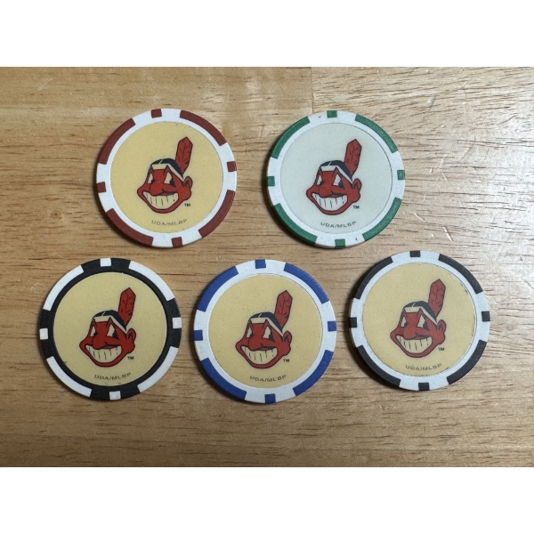 5 - SUPER RARE VINTAGE Cleveland Indians WAHOO Clay Poker Chips - Mint Condition - Complete Set