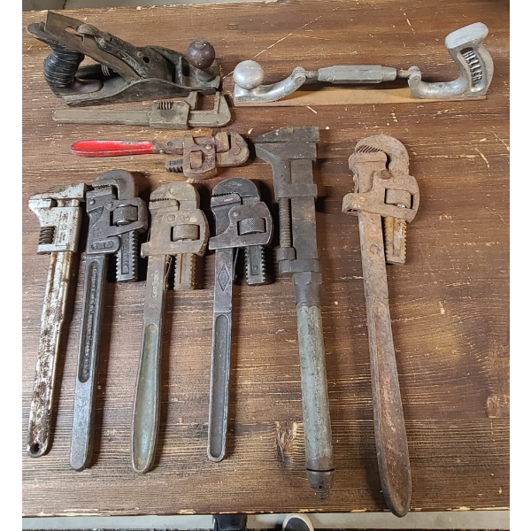 Assorted Pipe Wrenches, Stanley 113 Compass Plane & More