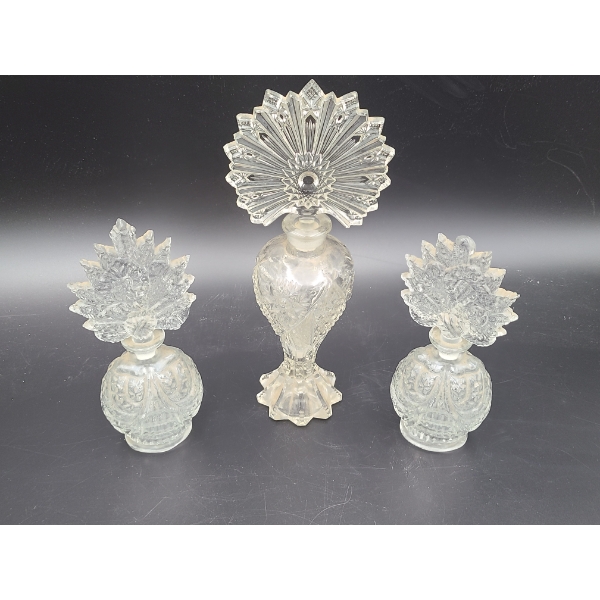 3 Vintage Glass Perfume Bottles with Stoppers - Gorgeous Leaf Like Designs! 