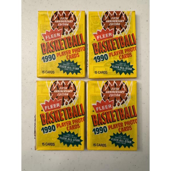 4 - 1990 NBA Fleer Unopened Basketball Card Wax Packs - Mint Condition - 15 Cards Per Pack