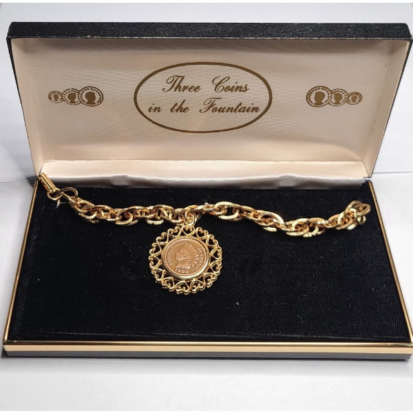 W.L.P. "Three Coins in the Fountain" Gold-Tone 1900 Indian Head Cent Charm Bracelet 