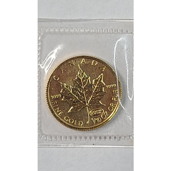 1999 Canada 1/10th Troy Oz .9999 Fine Gold Maple Leaf Coin With Special 20 Years Anniversary Privy