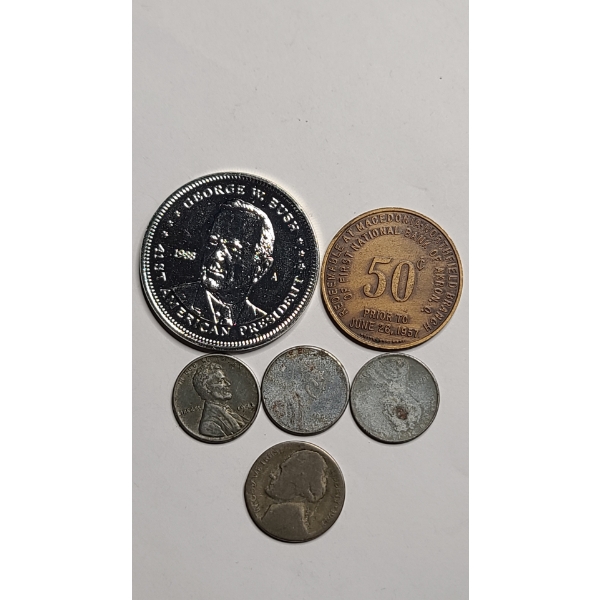 Assorted U.S Coins & Tokens - Including 1942 Wartime Jefferson Nickel & Akron National Bank Token
