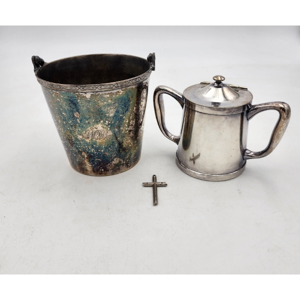 3 Silver-Plated Pieces: Engraved Bucket, Creamer/Small Coffee Pot, & Cross Pendant TW: 2.0lbs