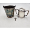 Image 1 : 3 Silver-Plated Pieces: Engraved Bucket, Creamer/Small Coffee Pot, & Cross Pendant TW: 2.0lbs