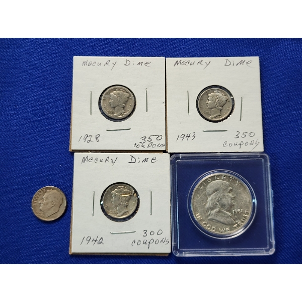 Assorted 90% Silver Mercury Dimes, Roosevelt Dime, & 1951 Franklin Half Dollar