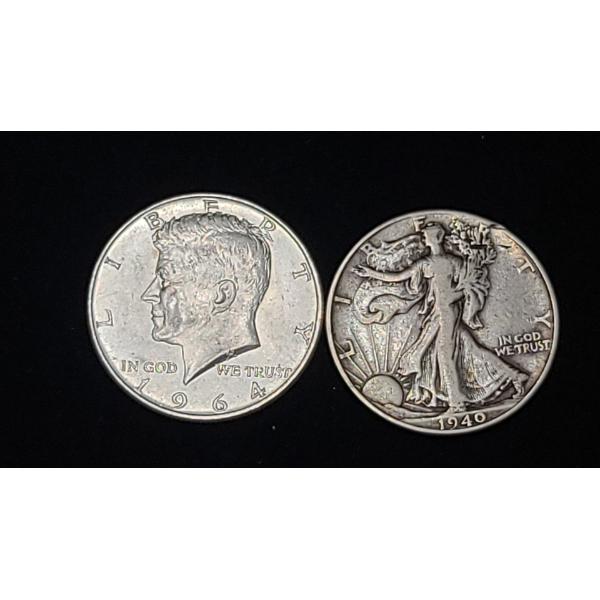 1964 90% Silver Kennedy Half Dollar & 1940 90% Silver Walking Liberty Half Dollar - Face Value $1.00