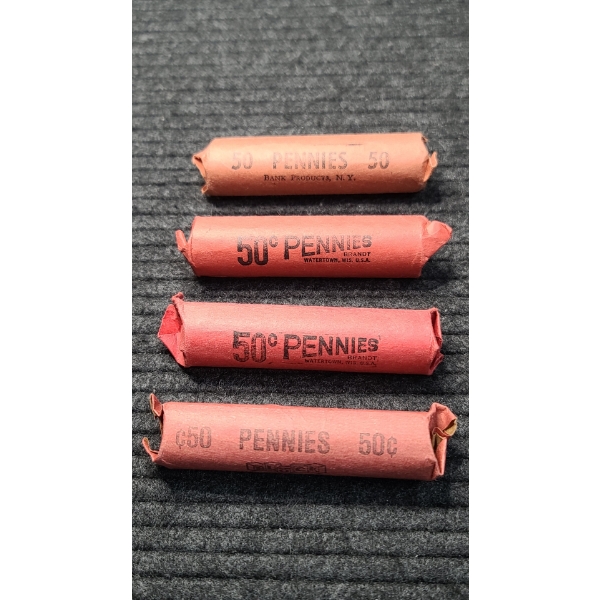 (4) 50 Cents Uncounted & Unsearched Rolls Of Wheat Pennies Face Value: $2.00