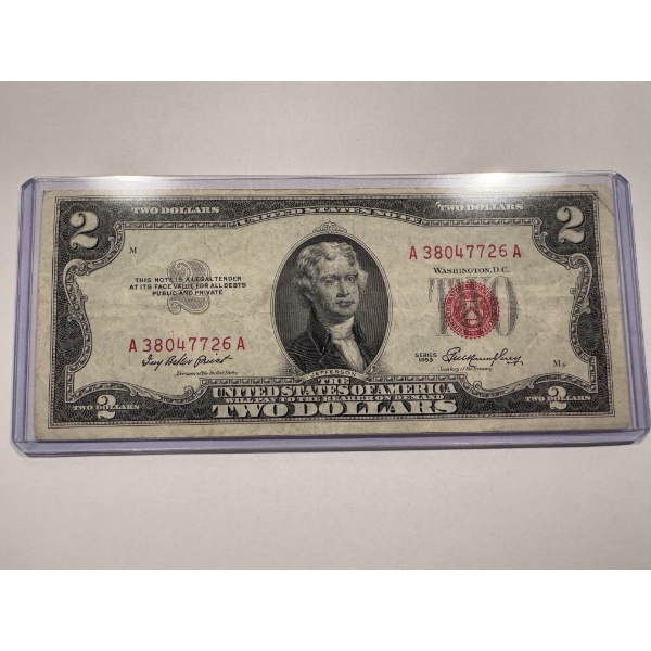 1953 United States Thomas Jefferson $2.00 Bill Red Seal In Protective Holder 