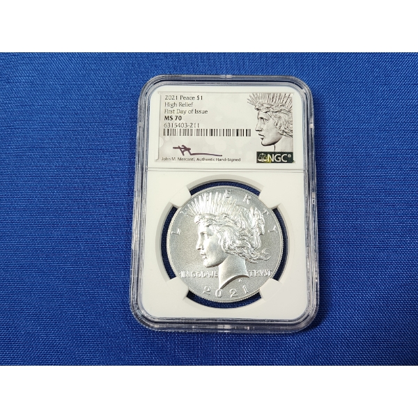 2021 .999 Silver Peace Dollar Graded by NGC MS 70 - High Relief FDI Mercanti Signed with Display Box