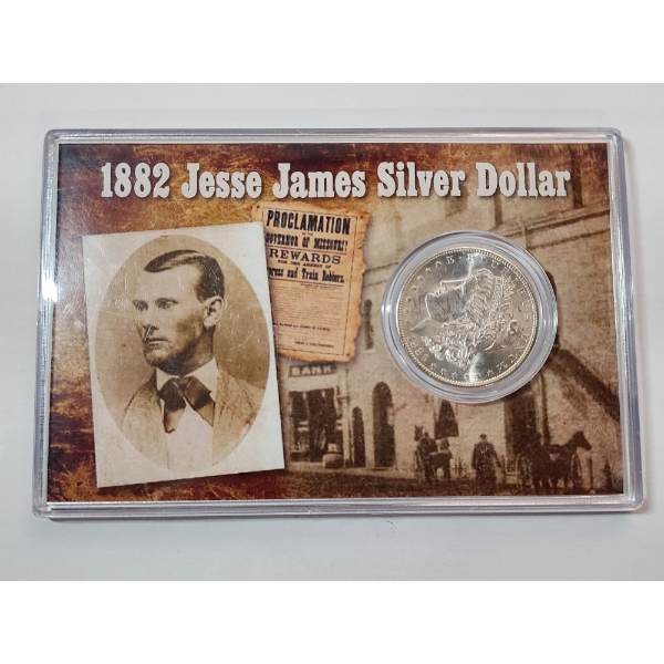 "Jesse James Silver Dollar" Commemorative Display - 1882-S 90% Silver Morgan Dollar