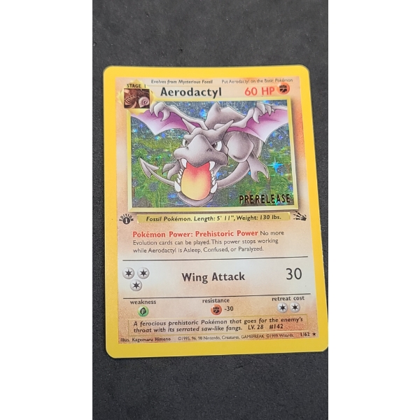 1st Edition Prerelease Aerodactyl Holographic Rare #1 Pokémon Card From The 1999 Fossil Set