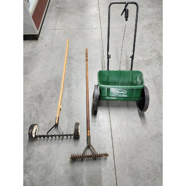 Lawn/Garden Items: Scotts AccuGreen 1000 Classic Drop Spreader, Aerator Rakes 