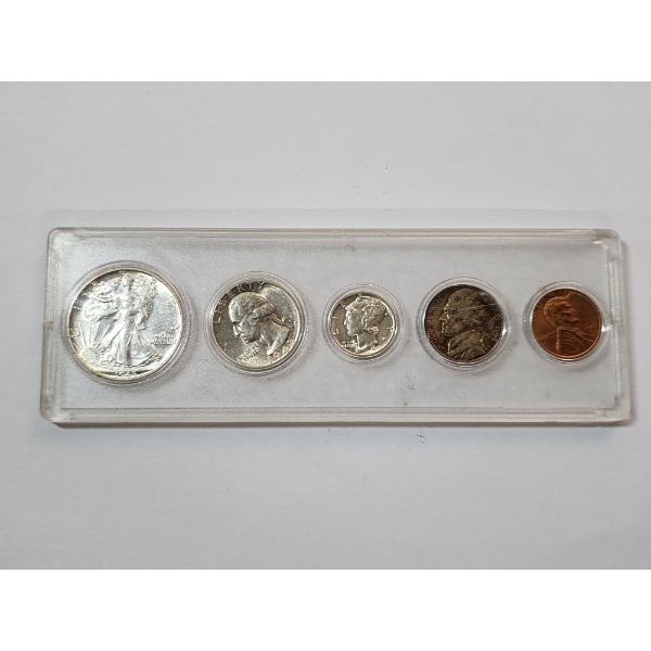 1945 U.S. Mint Set Including 90% Silver Half Dollar, Quarter, Dime, 35% Silver Nickel