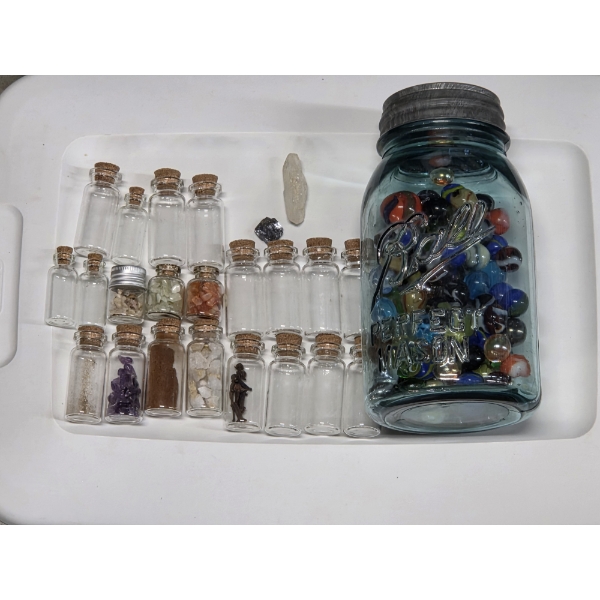 Large Vintage Ball Glass Jar With Marbles, Cork Topped Small Glass Collection Bottles