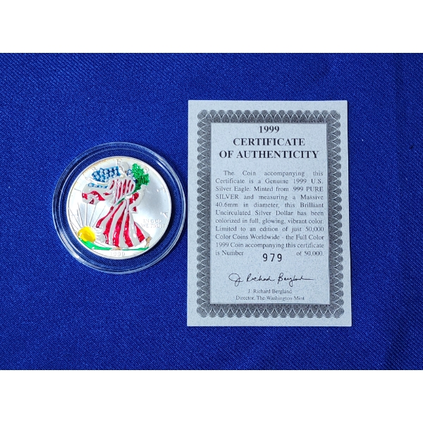1999 Uncirculated American Silver Eagle 1 oz .999 Fine Silver Colorized in Capsule w/ COA
