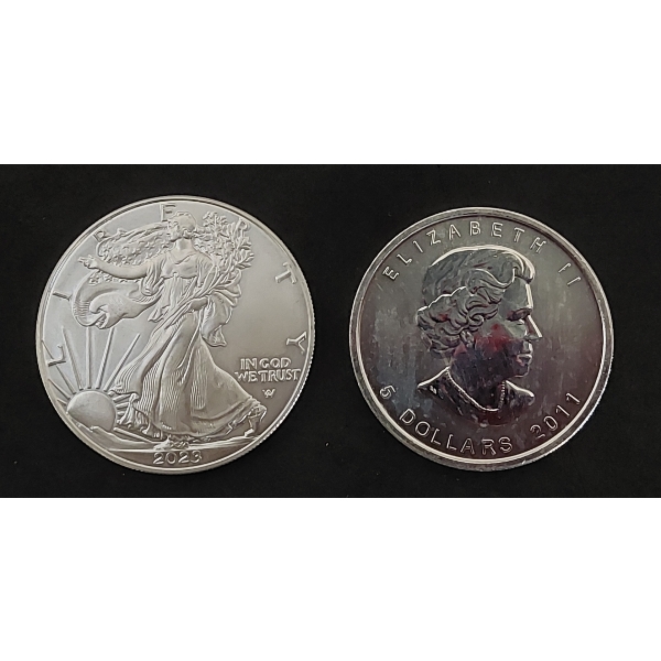 Lot of 2 Silver 1oz Coins.  2023 American Silver Eagle and 2011 Canadian Maple Leaf.