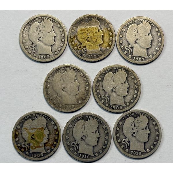 Lot of 8 Assorted Year 90% Silver Barber Quarters, FV $2.00