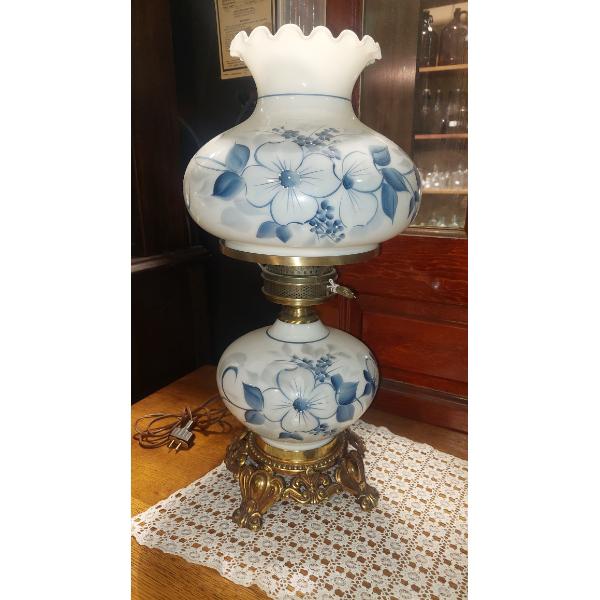 Floral Decorated 2 Globe Parlor Lamp As Shown - Ruffled Upper Globe - 24" Tall - Perfect